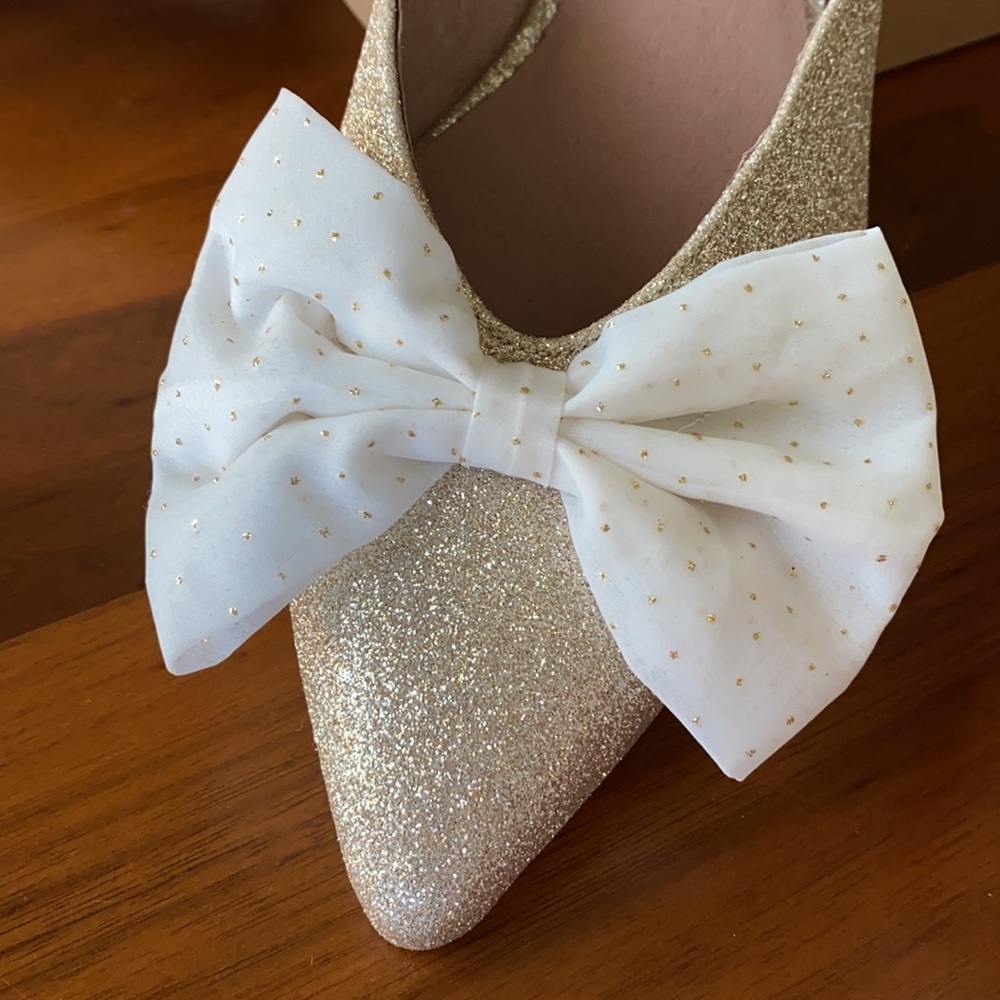 Anthropologie Gold Glitter Flats with Cream Bow - Picture 5 of 12